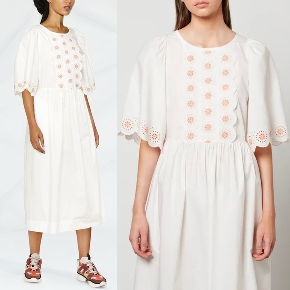 SEE BY CHLOE Floral Eyelet Embroidered Puff Short Sleeve Scalloped Midi Dress 6 - Picture 4 of 16